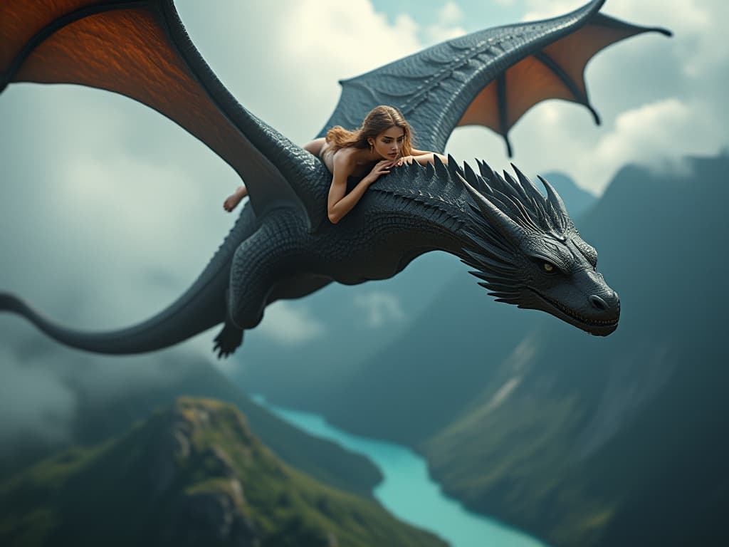  cinematic photo a brown haired with , sensual hips, half , lies on the back of a big strong black dragon that flies through the clouds, the dragon breathes fire. the 's face is close up. below them are green mountains, rocky cliffs and a blue river. . 35mm photograph, film, bokeh, professional, 4k, highly detailed