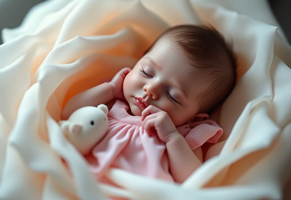  hyperrealistic art a newborn girl with long eyelashes, a pink dress and a white punk sleeps inside a white rose. . extremely high resolution details, photographic, realism pushed to extreme, fine texture, incredibly lifelike hyperrealistic, full body, detailed clothing, highly detailed, cinematic lighting, stunningly beautiful, intricate, sharp focus, f/1. 8, 85mm, (centered image composition), (professionally color graded), ((bright soft diffused light)), volumetric fog, trending on instagram, trending on tumblr, HDR 4K, 8K