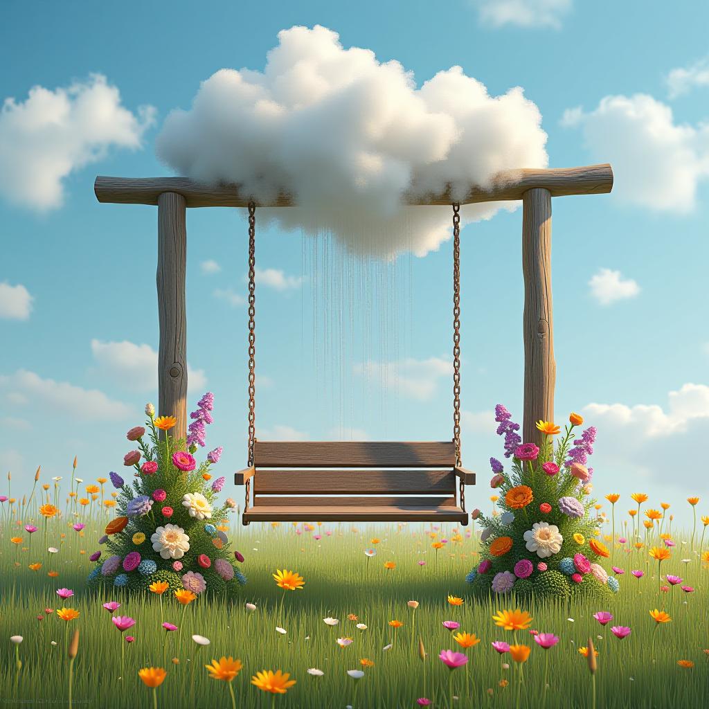  swing made of flowers, raining cloud above pouring on the swing, cheerful