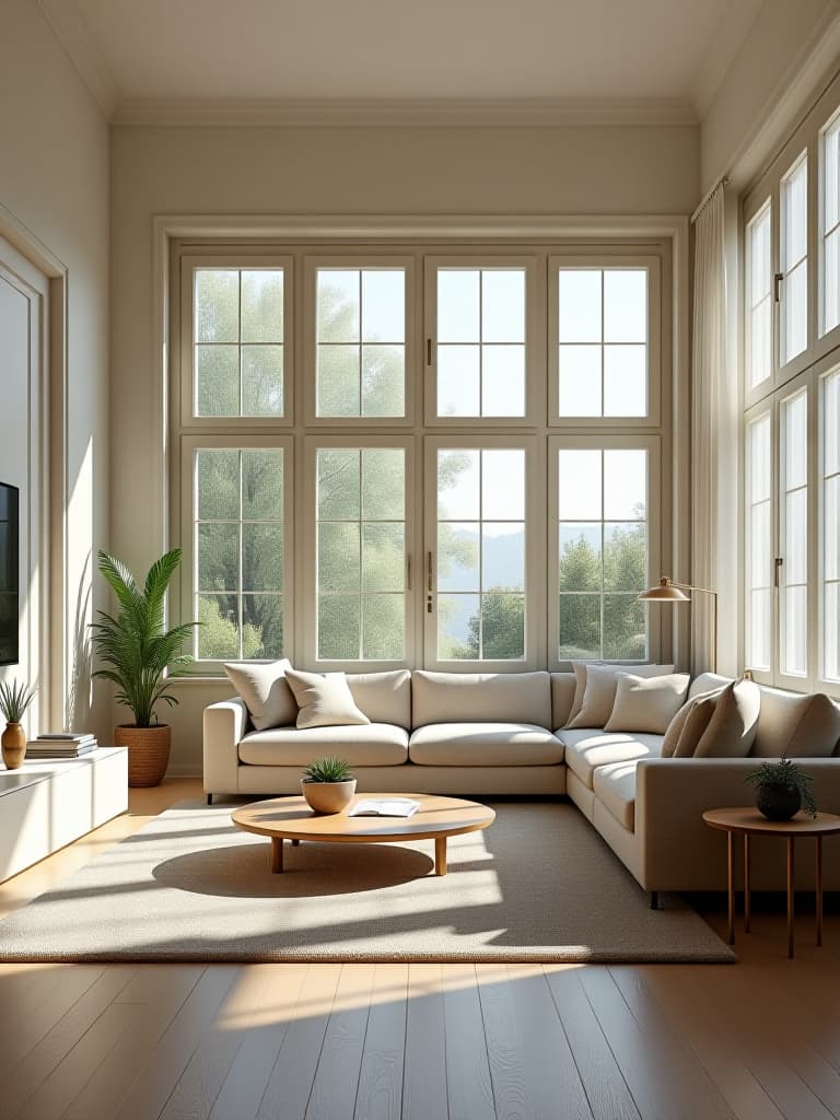  high quality portrait photo of a serene, minimalist living room with clean lines, neutral colors, and abundant natural light streaming through large windows, showcasing clever storage solutions and clutter free surfaces hyperrealistic, full body, detailed clothing, highly detailed, cinematic lighting, stunningly beautiful, intricate, sharp focus, f/1. 8, 85mm, (centered image composition), (professionally color graded), ((bright soft diffused light)), volumetric fog, trending on instagram, trending on tumblr, HDR 4K, 8K