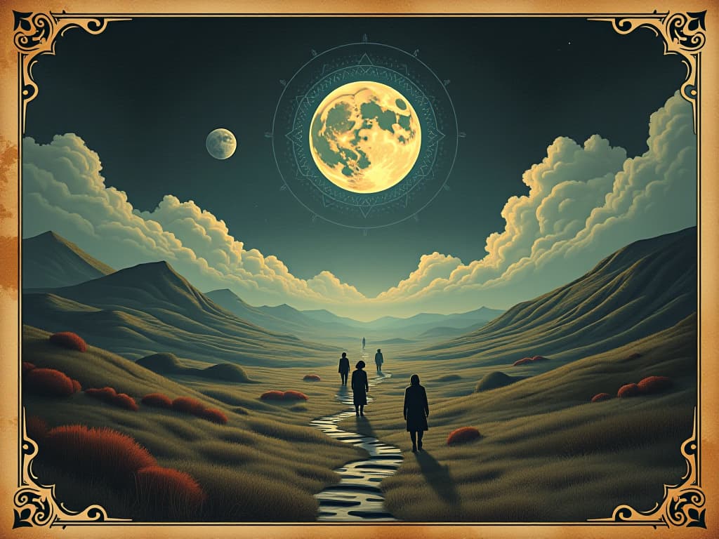  vast landscape, figures walking forward, dreamlike atmosphere, aura of possibility, limitless potential. an illustration in the style of a worn, mystical old tarot trump card, mysterious and elements of surrealism. the colors are muted, somber and eerie, but with contrast bring out an occult and esoteric vibe.