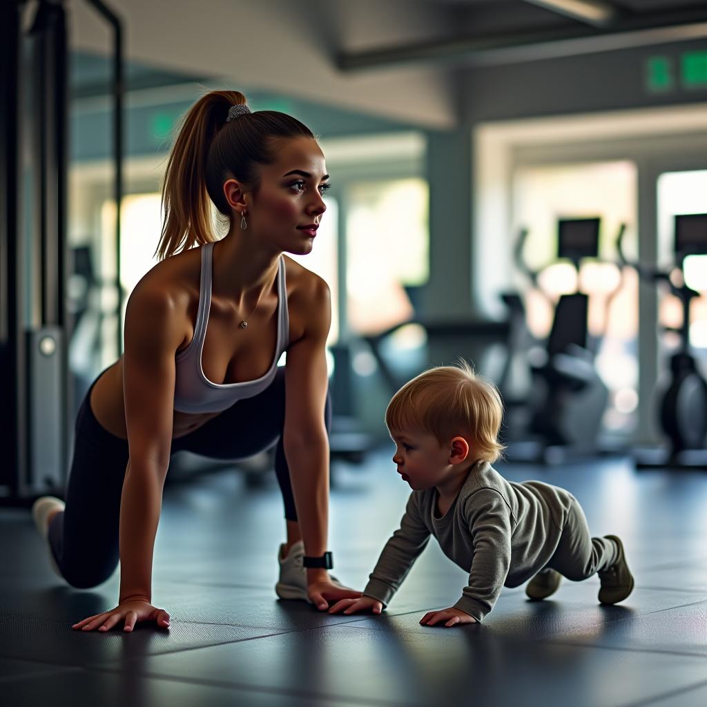  the girl is working out in the gym while a child crawls beside her.