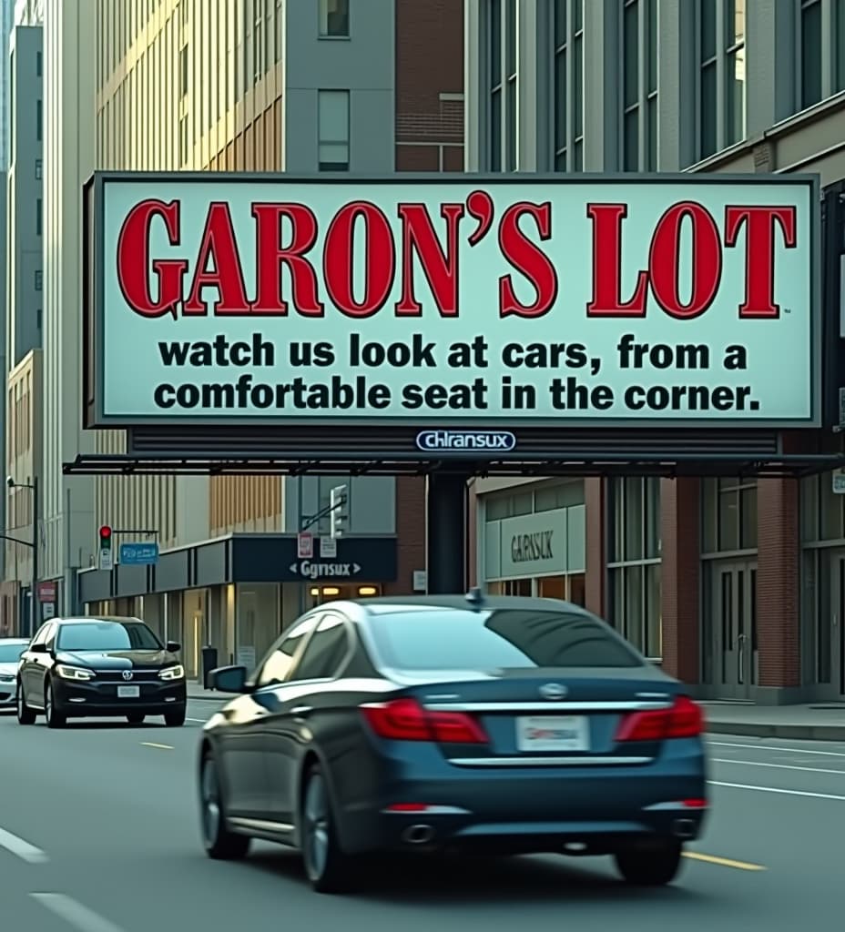  photo of a billboard in chicago, for a car dealer that says "garon's lot" in big letters, and "watch us look at cars, from a comfortable seat in the corner" a car driving by in the foreground with the license plate "grnsux"