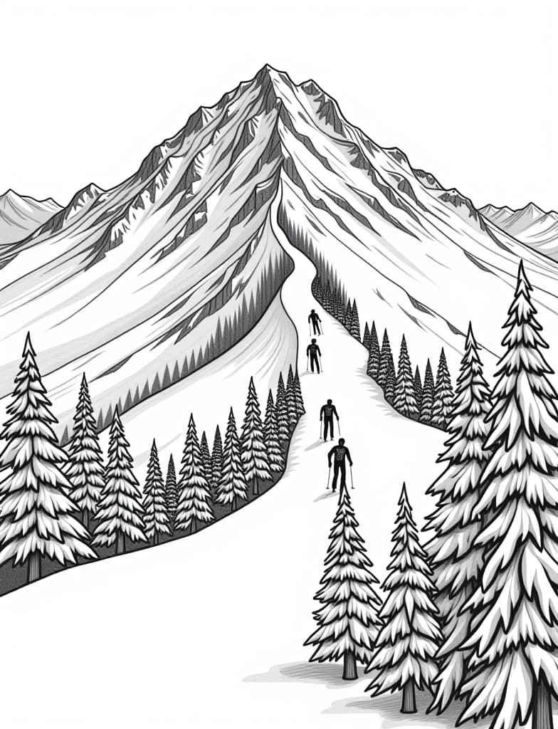  this is for an adult coloring page. a detailed black and white line art of a snowy snow covered mountain with a group of skiers descending on a solid white background.