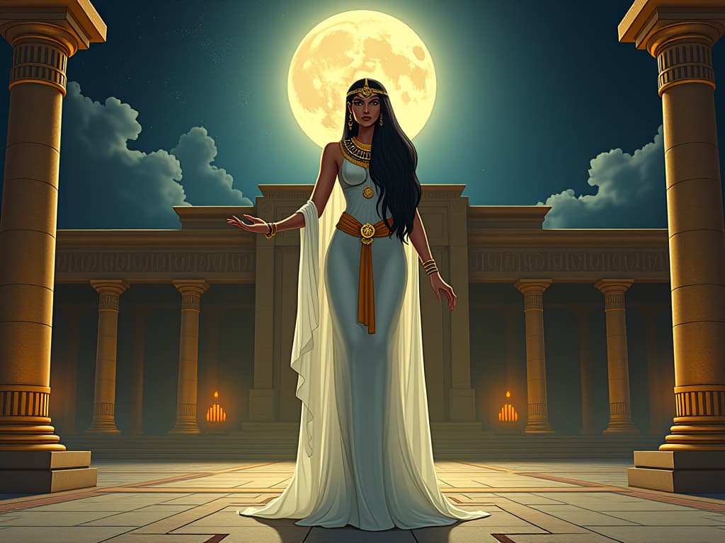  an egyptian noblewoman in transparent gown, standing in a sacred temple courtyard, under the full moon, beckoning others to share their journey, symbols of unity glowing faintly. the style is digital art illustration / modern comic book / mysterious occult, symbolic, esoteric vibe,high detail on character design, incorporating ancient egyptian symbology and attire.