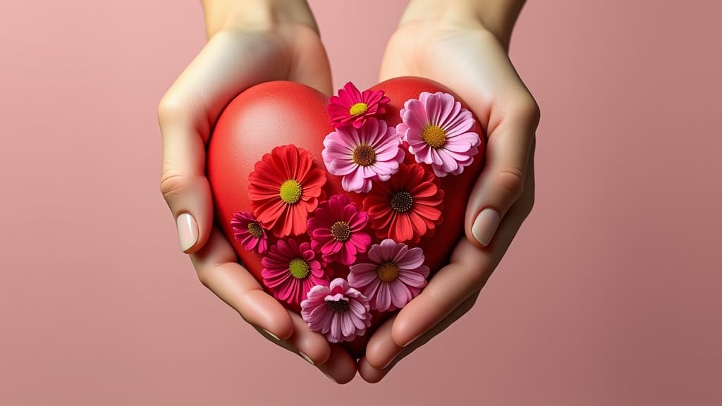  human heart with flowers, love and emotion concept, good hearted person, help and charity,