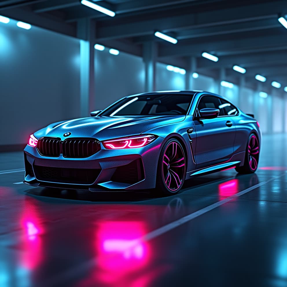  a sleek, futuristic bmw car with neon lights, glowing with energy, in the style of a cyberpunk flux animation.hyper detail, intricate details, sharp focus, high resolution, 8k, ultra detailed, vib