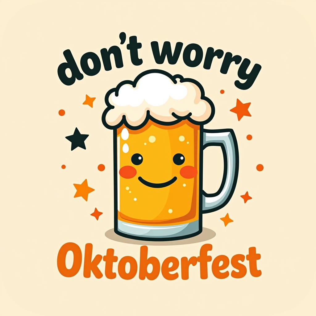  cheerful design with 'don't worry, beer happy.' in wavy font, with a smiling beer mug and festive confetti. place the word oktoberfest at the bottom of the image