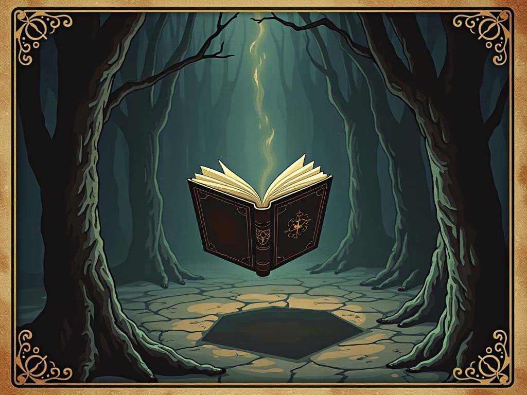  disappearing book, reappearing in different places without disturbance, faint traces of light. an illustration in the style of a worn, mystical old tarot trump card, mysterious and elements of surrealism. the colors are muted, somber and eerie, but with contrast bring out an occult and esoteric vibe.