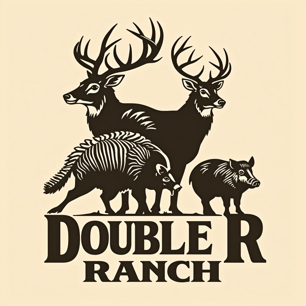  design a logo, sleek logo design which incorporates a deer , a turkey and a wild hog, with 2 letter r’s facing back to back in the forefront. the text title is “double r ranch”