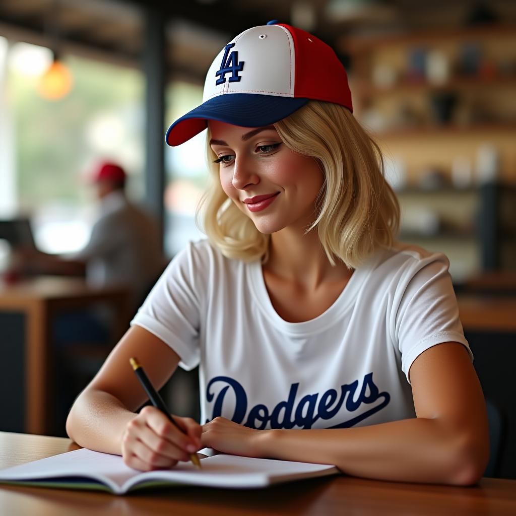  make an image of a white woman with short blonde hair and an la dodgers cap and red, white and blue studying in a cafe accounting