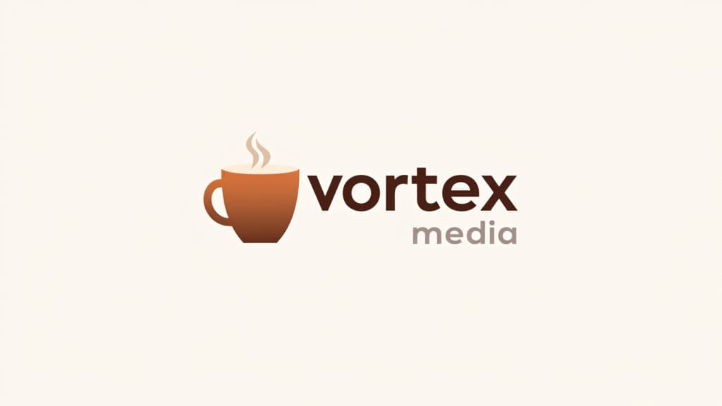  design a logo, in a geometric style. logo of a coffee cup, brown gradient colors, white background, with the text 'vortex media'.