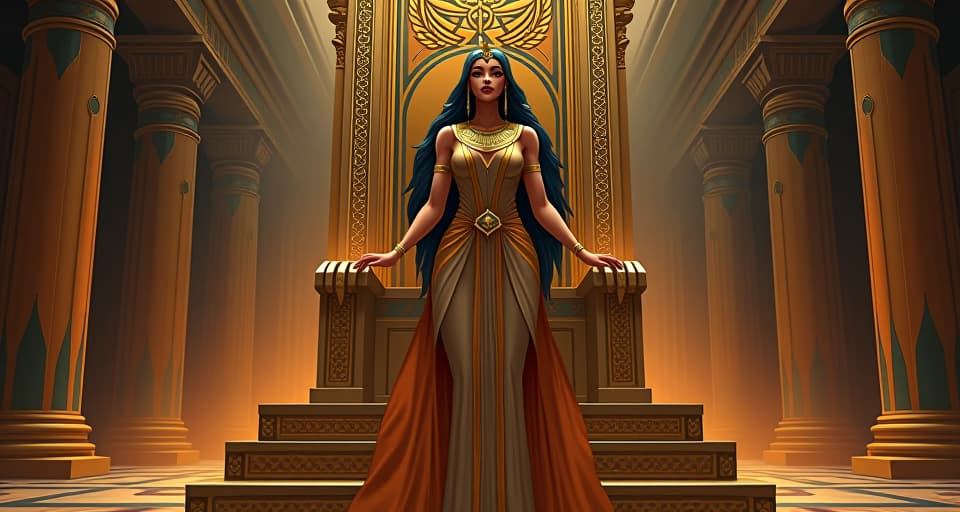  a grand, ornate throne room with a large busted goddess in a tight, flowing gown, adorned with golden jewelry, standing with a wise, serene expression, symbolizing being a healer and guide. the style is digital art illustration / modern comic book / mysterious occult, symbolic, esoteric vibe,high detail on character design, incorporating ancient egyptian symbology and attire.