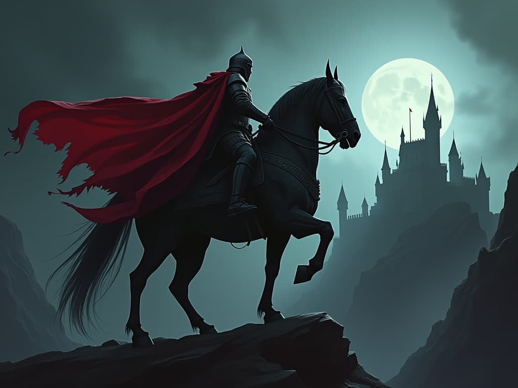  a shining knight astride a mighty steed, looking towards a distant castle, sense of purpose, ambition.. the style is dark fantasy and mysterious occult, symbolic, moody lighting, esoteric vibe,high detail on character design. for the color scheme emphasize blacks and reds.