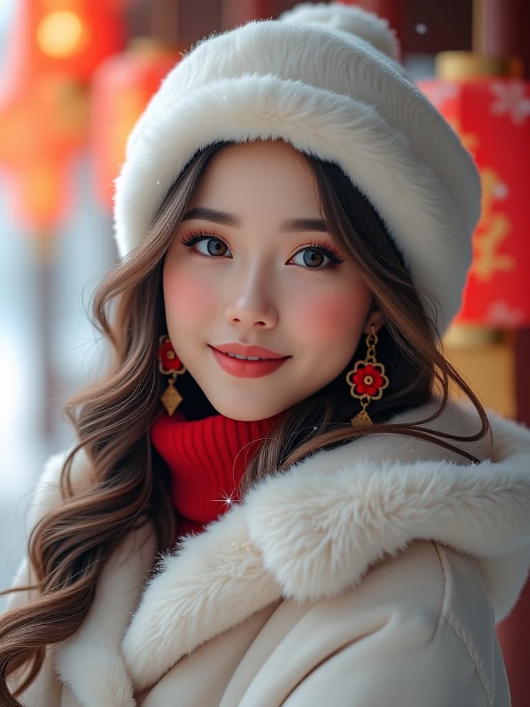  high definition, realistic portrait of a young woman with a soft and inviting expression. her eyes are large and full of light, highlighted with subtle makeup. her cheeks have a natural rosy flush, complementing her gentle smile. her hair, a cascade of wavy locks, is partially covered by a fluffy white hat, indicative of a chilly winter day. she wears elegant, traditional red earrings with intricate floral designs that dangle gracefully. the woman is dressed in a cozy, white winter garment that suggests warmth and comfort, with a hint of a red outfit underneath. snowflakes gently fall around her, adding to the serene winter atmosphere. red lanterns hang in the background, glowing softly amidst the snow, enhancing the festive mood. the overa hyperrealistic, full body, detailed clothing, highly detailed, cinematic lighting, stunningly beautiful, intricate, sharp focus, f/1. 8, 85mm, (centered image composition), (professionally color graded), ((bright soft diffused light)), volumetric fog, trending on instagram, trending on tumblr, HDR 4K, 8K