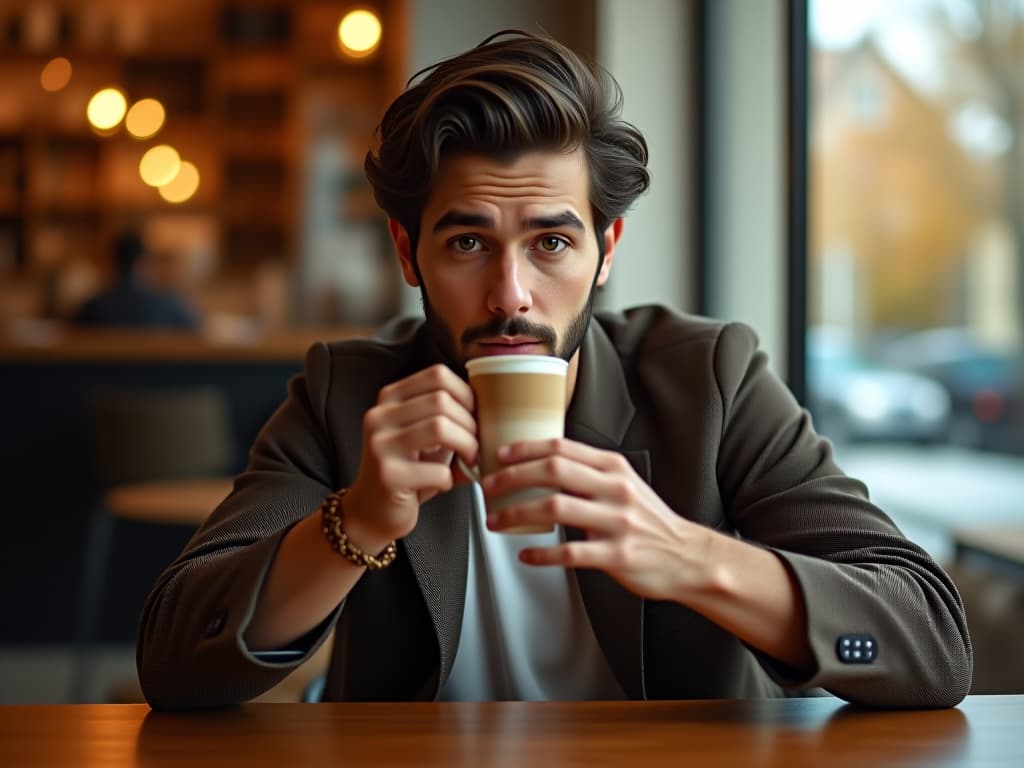  a man drinking mocha at a cafe, masterpiece, best quality