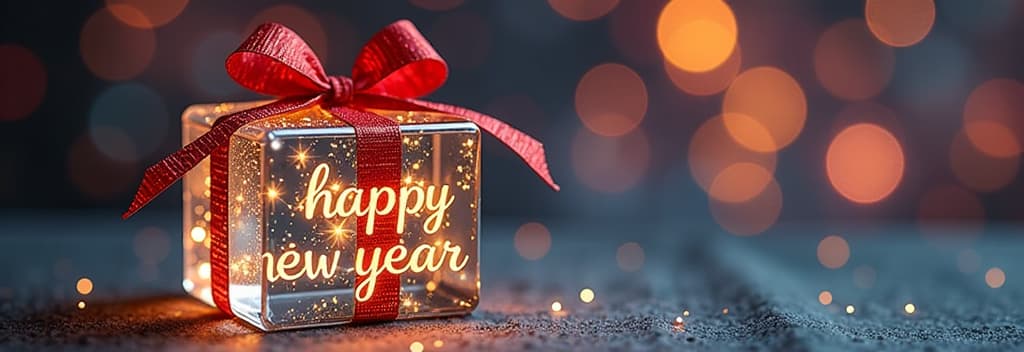  transparent glass christmas gift with glass bow, golden glowing text “happy new year”, festive multicolor bokeh background ar 3:1 {prompt}, maximum details