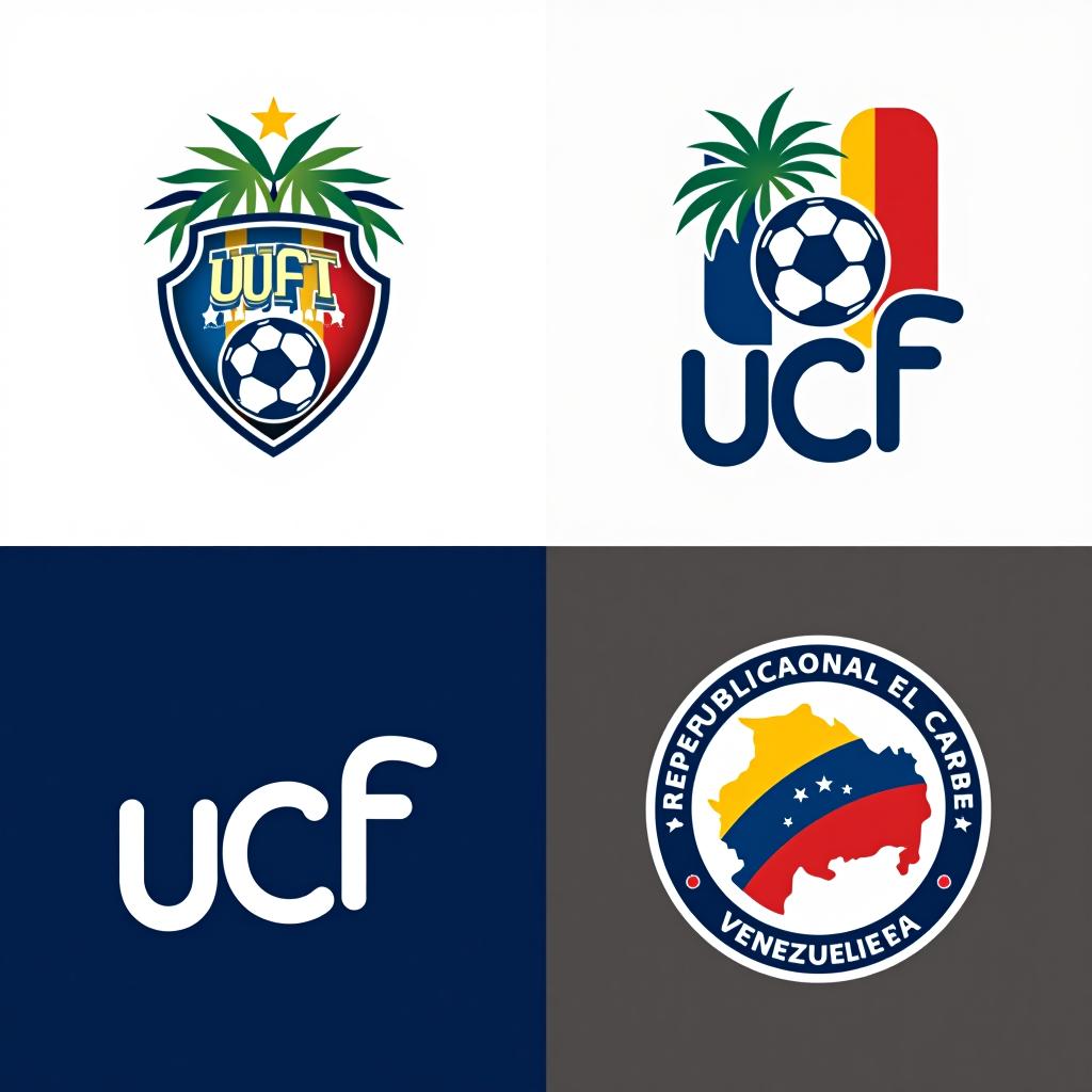  design a logo, ahora créame los siguiente logos logo 1: un diseño que combina los colores de las banderas de república dominicana y venezuela, con un balón de fútbol en el centro y el nombre del equipo en una tipografía moderna. logo 2: un escudo clásico con elementos caribeños, como palmeras y olas, junto con los colores nacionales y un balón de fútbol. logo 3: un diseño minimalista con las iniciales “ucf” estilizadas, acompañadas de un balón de fútbol y los colores de ambas banderas. logo 4: un emblema circular con un mapa del caribe en el fondo, resaltando a república dominicana y venezuela, con el nombre del equipo alrededor del borde.