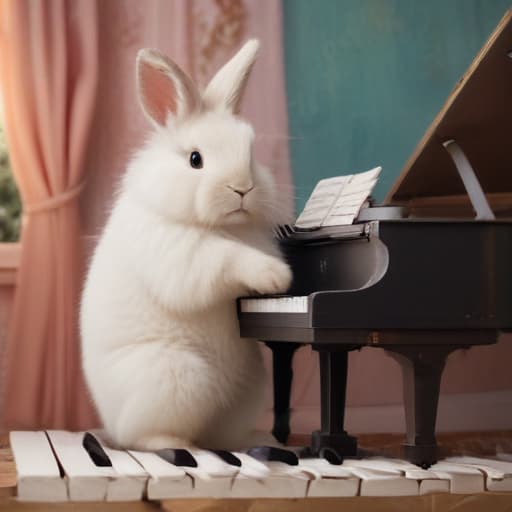 A fluffy bunny playing the piano in a whimsical, abstract setting. in ستيمبانك style with محيطات background