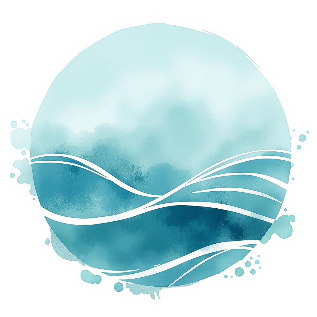  logo, watercolor style, logo, sea, blue teal colors, white background