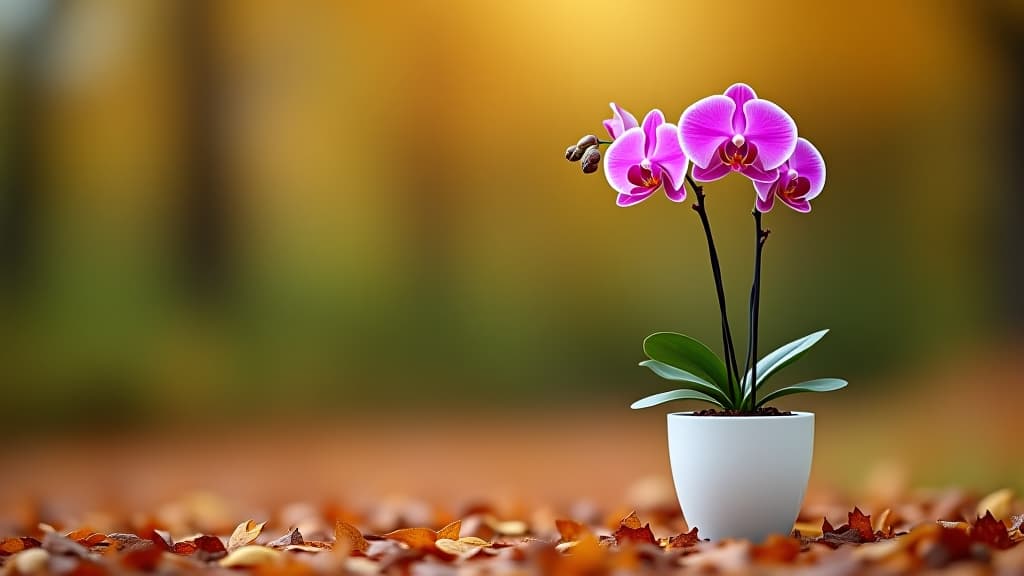  a pink orchid in a white pot on the ground in autumn with a blur effect background