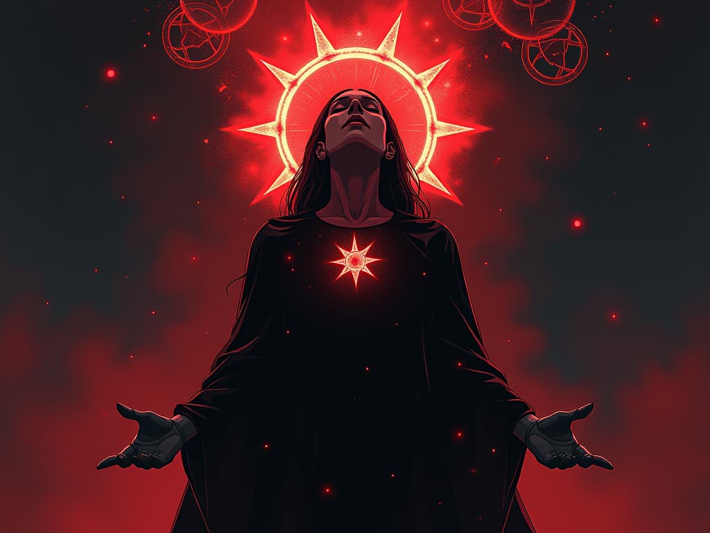  figure taking a deep breath, surrounded by ethereal glow, mood of renewal and peace. the style is digital art illustration / modern comic book / graphic dark novel fantasy and mysterious occult, symbolic, moody lighting, esoteric vibe,high detail on character design. for the color scheme emphasize blacks and reds.