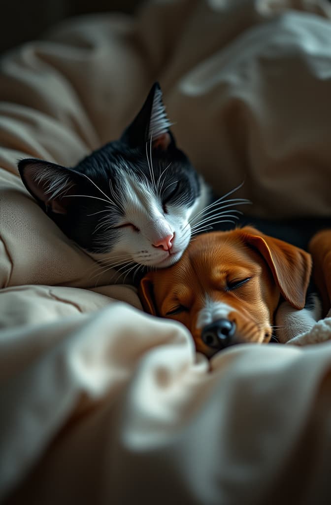  small black white cat sleep on bed with small black brown dog, realistic, portrait, art by donato giancola and greg rutkowski, realistic face, digital art, trending on artstation hyperrealistic, full body, detailed clothing, highly detailed, cinematic lighting, stunningly beautiful, intricate, sharp focus, f/1. 8, 85mm, (centered image composition), (professionally color graded), ((bright soft diffused light)), volumetric fog, trending on instagram, trending on tumblr, HDR 4K, 8K