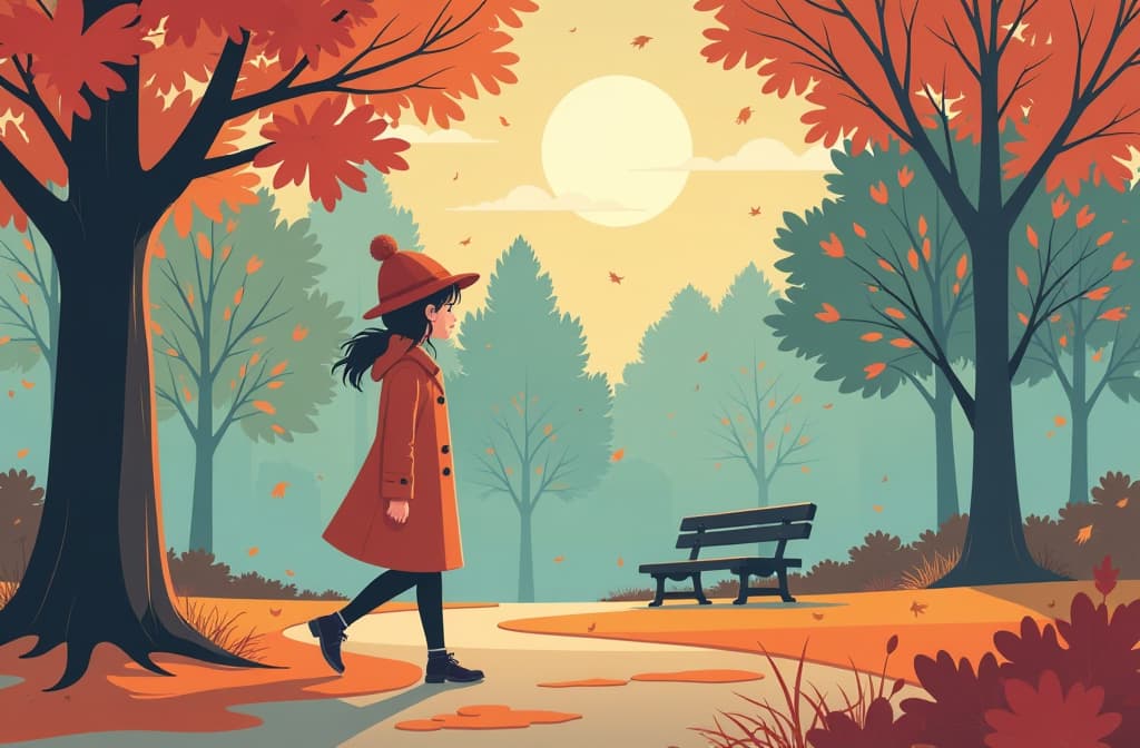  flat illustration, flaticon, (illustration:1.15), a girl walks in a coat and hat in an autumn park. atmospheric. ar 3:2, [cory loftis, strobist, pascal campion :: 0.2]