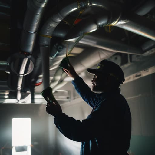 A photo of an HVAC technician examining a complex network of air ducts in a dimly lit industrial facility during the late afternoon with dramatic spot lighting casting long shadows and creating a sense of mystery and urgency.