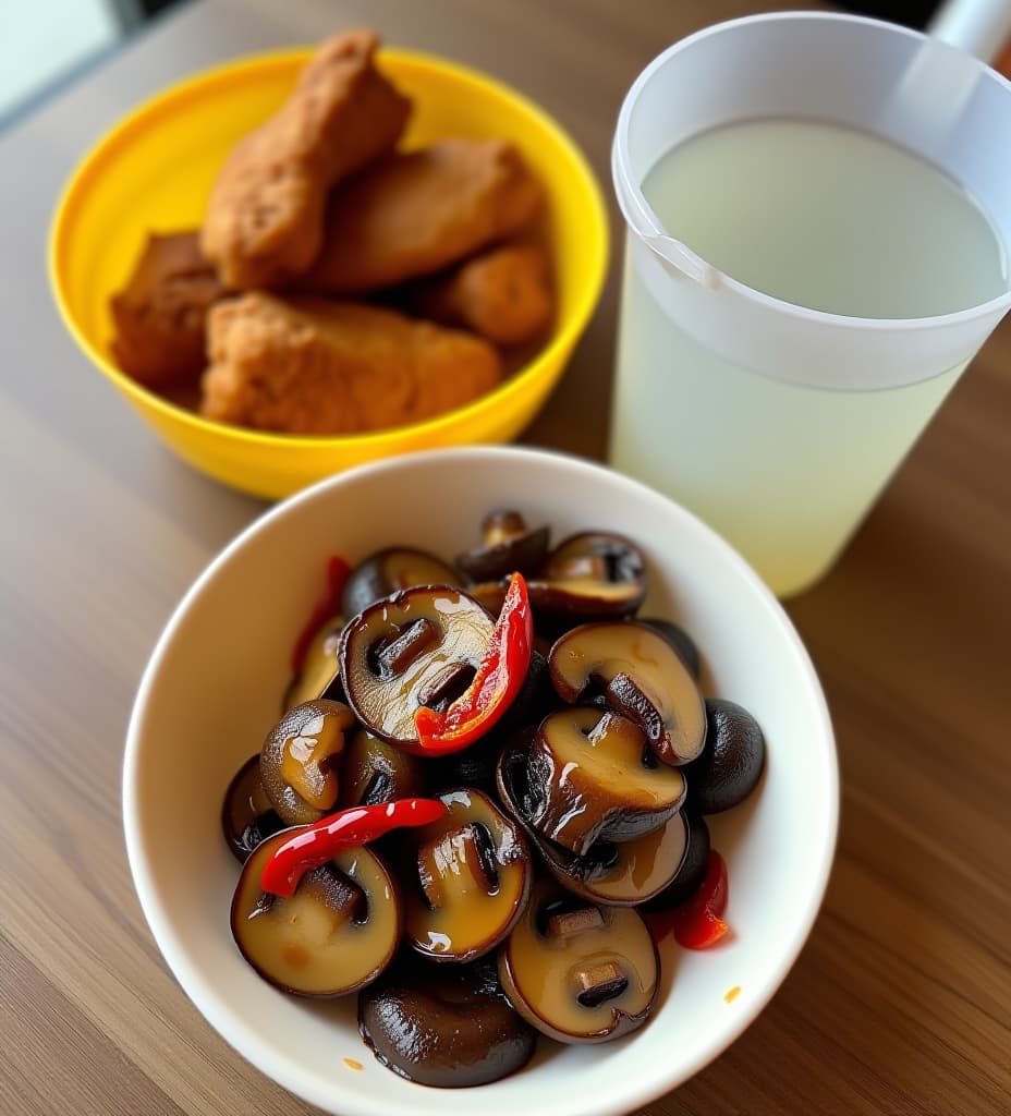  crispy fried chicken thighs in a small yellow bowl and sautéed oyster mushrooms mixed with red chili slices, white water in a plastic jug.