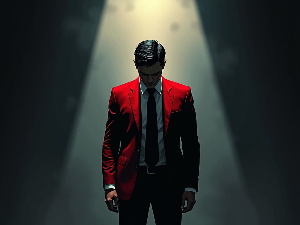  coworker in red business attire, head down, standing in a spotlight, shadows surrounding, sense of looming consequences. the style is digital art illustration / modern comic book / graphic dark novel fantasy and mysterious occult, symbolic, moody lighting, esoteric vibe,high detail on character design. for the color scheme emphasize blacks and reds.