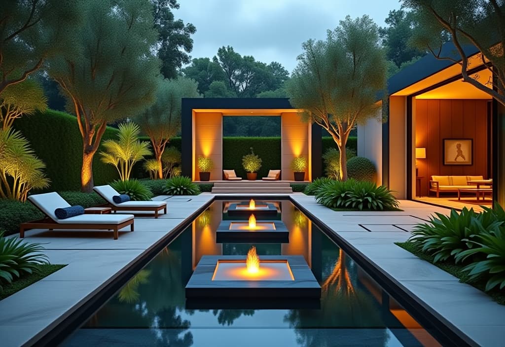  a landscape photo of a tranquil patio water feature with a modern geometric design, surrounded by lush plants and comfortable lounge chairs, creating a zen like atmosphere hyperrealistic, full body, detailed clothing, highly detailed, cinematic lighting, stunningly beautiful, intricate, sharp focus, f/1. 8, 85mm, (centered image composition), (professionally color graded), ((bright soft diffused light)), volumetric fog, trending on instagram, trending on tumblr, HDR 4K, 8K