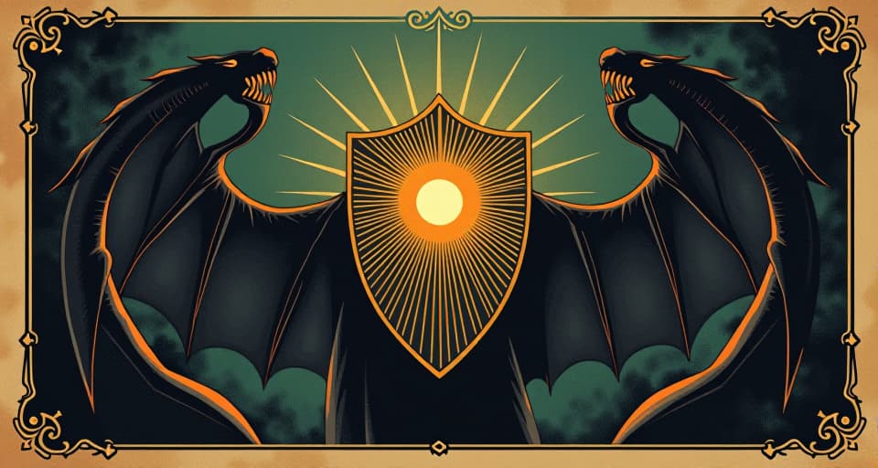  a shining shield reflecting dark venomous attacks, resilient, deflecting all harm, protective, steadfast. an illustration in the style of a worn, mystical old tarot trump card, mysterious and elements of surrealism. the colors are muted, somber and eerie, but with contrast bring out an occult and esoteric vibe.