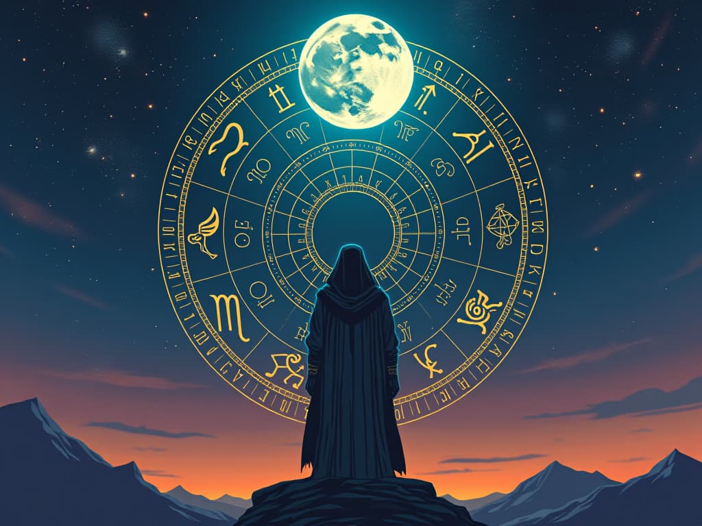  an astrological chart floating in the sky, full moon illuminating zodiac symbols and constellations, symbolizing cosmic tension and mystery. the style is digital art illustration / modern comic book / mysterious occult, symbolic, esoteric vibe,high detail on character design, incorporating ancient egyptian symbology and attire.