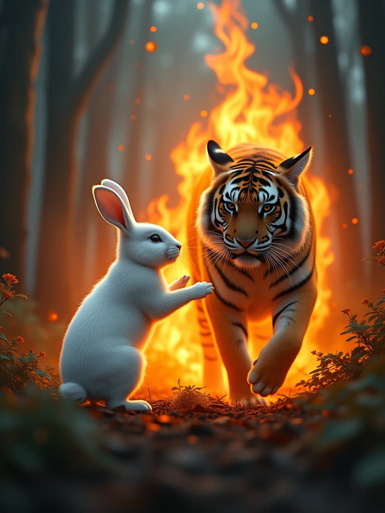  white little white rabbit and tiger out of the forest on fire photo realistic, highly intricate and detailed, masterpiece, ultra high res,photography,8k resolution