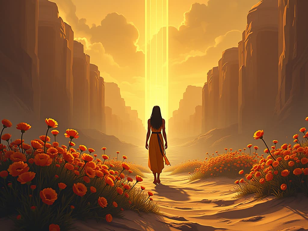  majestic garden, bursts of flowers, golden light, flourishing in barren desert, symbolizing resilience. the style is digital art illustration / modern comic book / mysterious occult, symbolic, esoteric vibe,high detail on character design, incorporating ancient egyptian symbology and attire.