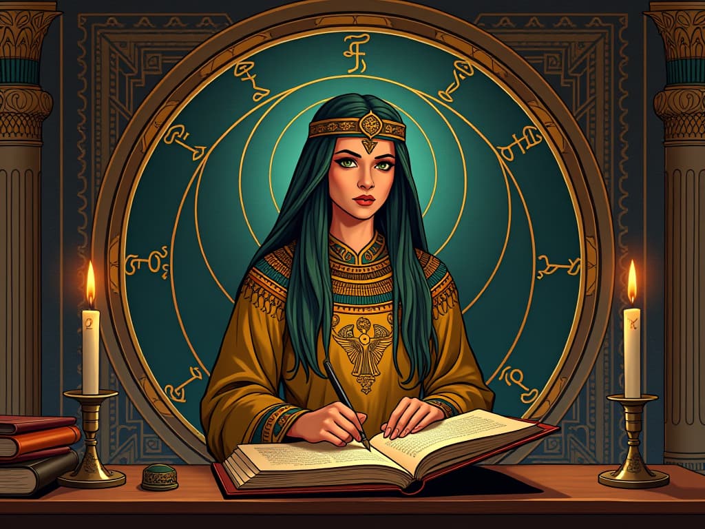  an intricately decorated scriptorium, hildegard von bingen producing masterpieces, divine inspiration in her eyes, timeless resonance in each piece, sacred symbolism. the style is digital art illustration / modern comic book / mysterious occult, symbolic, esoteric vibe,high detail on character design, incorporating ancient egyptian symbology and attire.