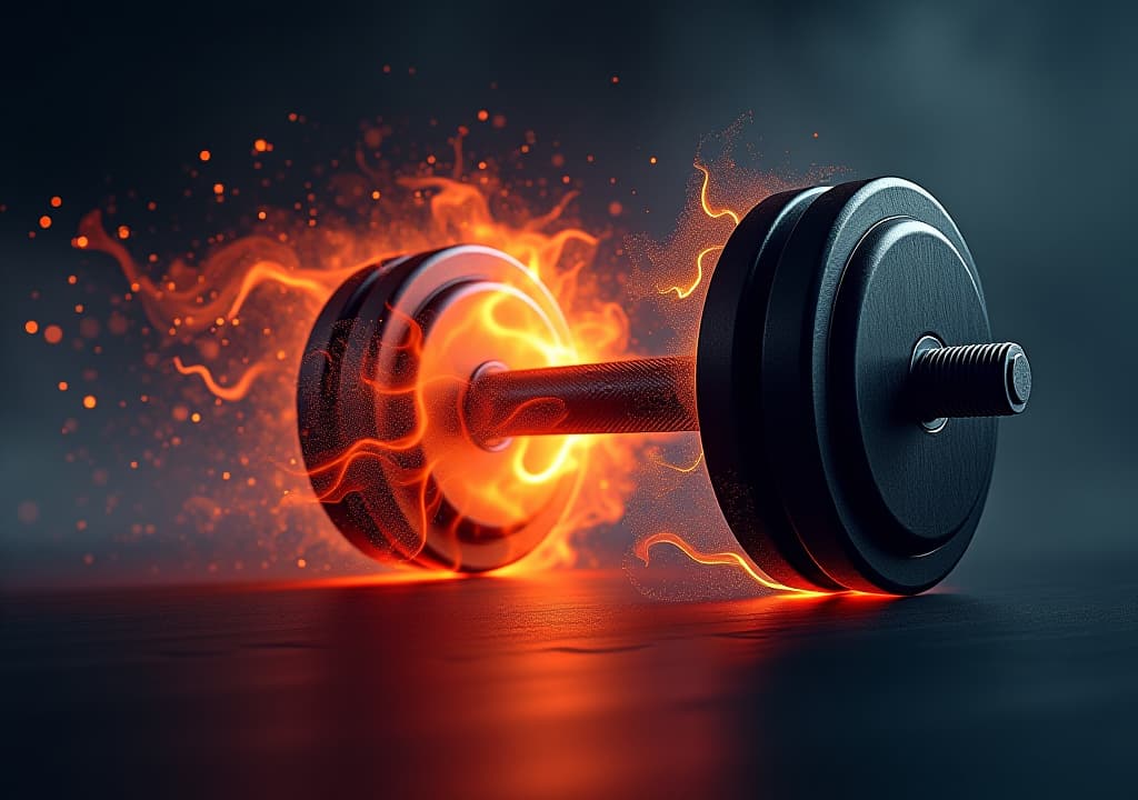  dynamic dumbbell with a burst of energy, symbolizing strength and fitness motivation, high quality, high details, hd, perfect composition, 4k epic detailed, highly detailed, sharp focus, high resolution