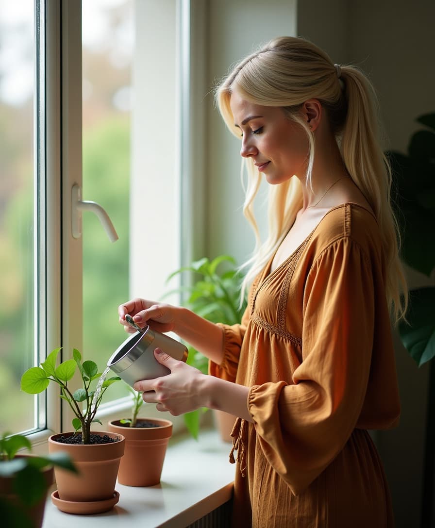  a blond woman in boho style clothes, watering a houseplant on the windowsill, 4k quality