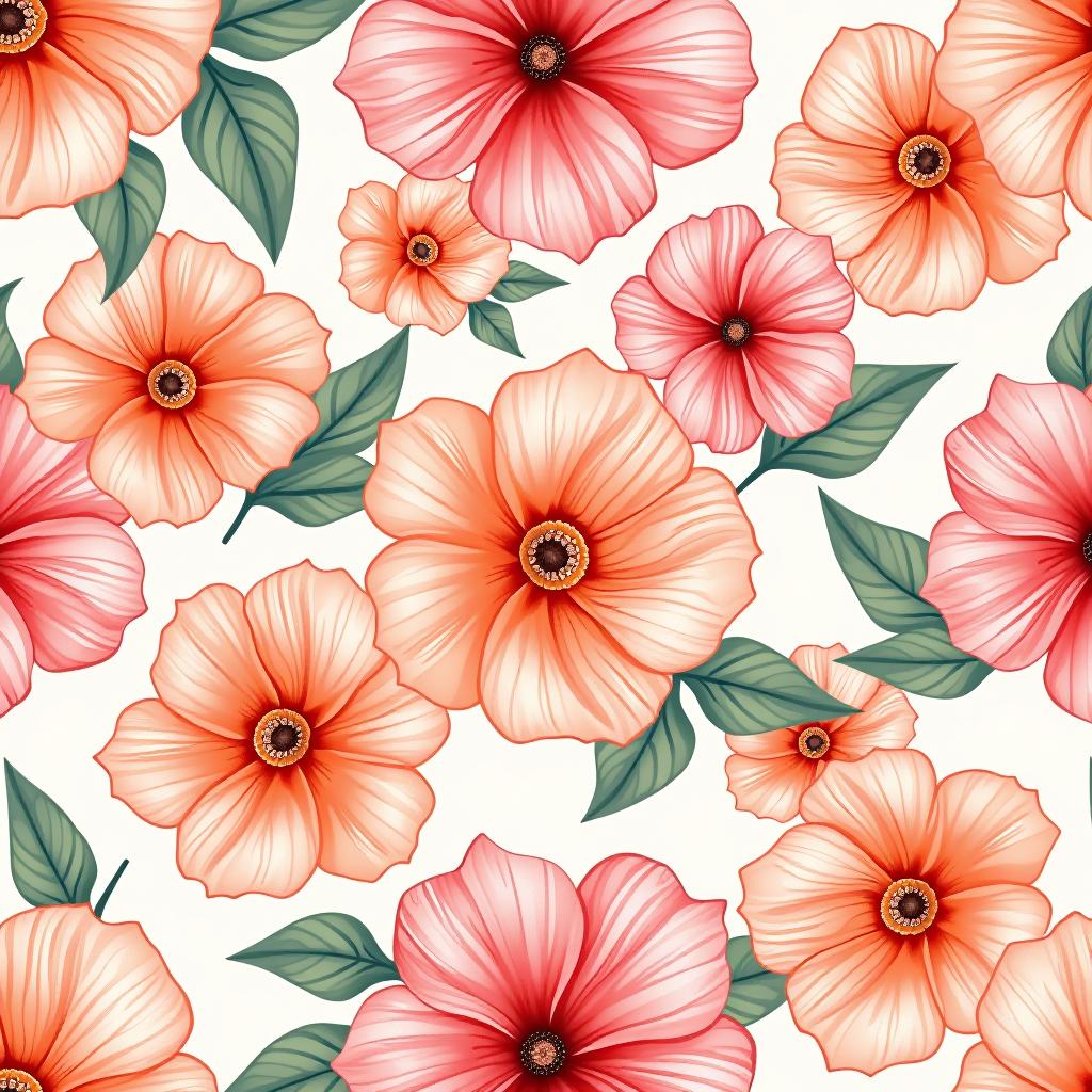  create a seamless digital design featuring a pattern of large, beautiful flowers with soft, watercolor like effects. the flowers should cover the entire surface, creating a bold, elegant, and continuous look. the overall style should be light and airy, with delicate leaves and petals to enhance the natural, floral theme. the design should be seamless to ensure it can be used in repeating patterns or wraps.