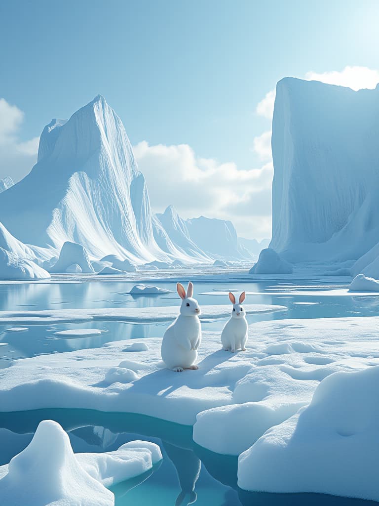  the white rabbits are standing on a vast ice sheet surrounded by snow and huge icebergs。