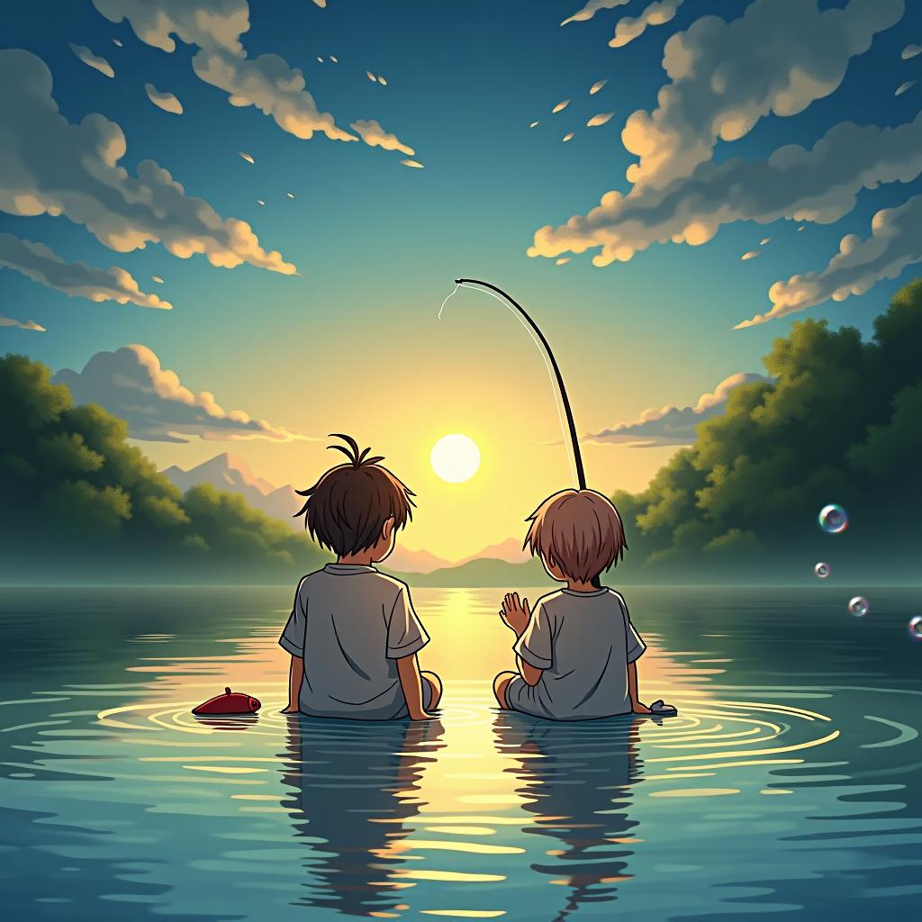  anime artwork, anime style, key visual, vint, studio anime, highly detailed, and mimi are opposites, hard working and lazy. when the sun came up, mom wanted them to wake up, and the s came up with the bed, and when they washed their faces, they played soap bubbles. the mother and the came to the river to fish, sat by their mother, carefully fishing, while the ty caught the erflies for a while, and as a result, the mother and the ty brought home a lot of fish with their hands empty. sitting at the table and waiting for fish to eat, my mother comforted me with the argument that mimi understood the need to focus on fishing