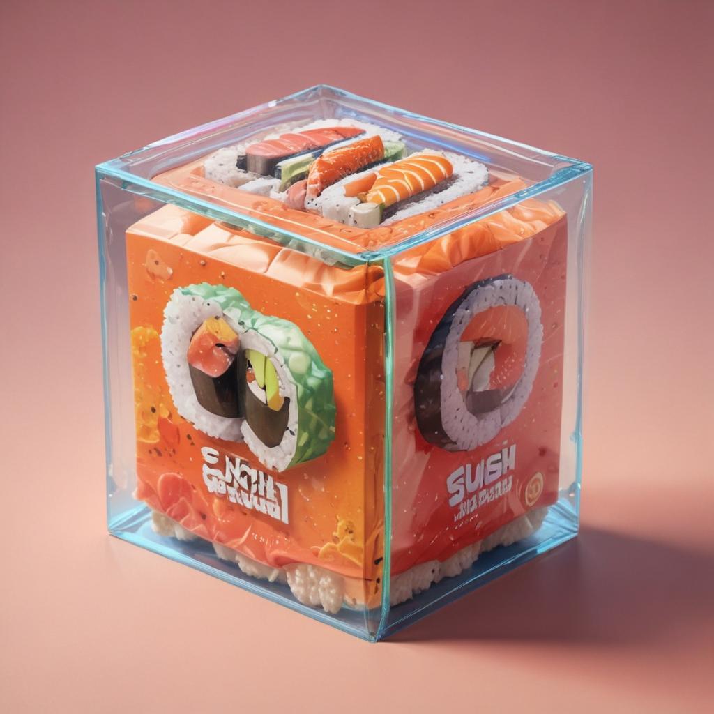 distance-shot, flashy, full-body, dynamic, holographic, animated cartoon poster of a take-out box of sushi in the style of dragon ball super