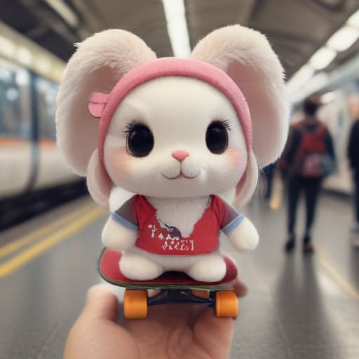 Plush rabbit on the skateboard in London Underground, chibi, 2d, digital art, artstation, classic art, dynamic, high quality