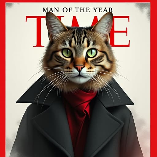  create an abstract time magazine man of the year cover featuring hemule, the anthropomorphic light brown tabby cat. hemule, with his mix of brown, black, and grey stripes, captivating green eyes, and impeccable style, exudes a rebellious and tough persona. the cover should replace "man of the year" with "meow of the year." capture hemule's charisma and edgy vibe through non representational forms, utilizing shapes, colors, and textures to convey mood and emotion. incorporate geometric patterns or organic shapes to evoke a dynamic sense of movement and energy in the composition. hyperrealistic, full body, detailed clothing, highly detailed, cinematic lighting, stunningly beautiful, intricate, sharp focus, f/1. 8, 85mm, (centered image composition), (professionally color graded), ((bright soft diffused light)), volumetric fog, trending on instagram, trending on tumblr, HDR 4K, 8K