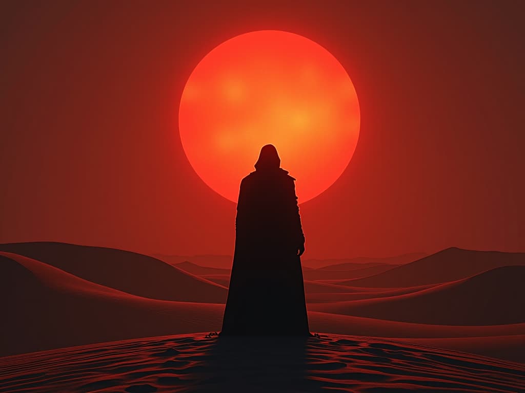  a figure silhouetted against a rising sun, standing at the edge of a desert. golden sands, new dawn, sense of purpose, new beginning.. the style is dark fantasy and mysterious occult, symbolic, moody lighting, esoteric vibe,high detail on character design. for the color scheme emphasize blacks and reds.