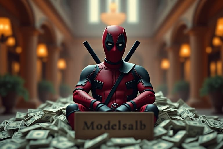  award winning photography, comic book character baby deadpool , sitting on an enormous pile of cash in a mansion,sign in front reads (modelsalb), 35mm photograph, film, bokeh, professional, 4k, highly detailed. embedding:ezrealponyxl, 8k hyperrealistic, full body, detailed clothing, highly detailed, cinematic lighting, stunningly beautiful, intricate, sharp focus, f/1. 8, 85mm, (centered image composition), (professionally color graded), ((bright soft diffused light)), volumetric fog, trending on instagram, trending on tumblr, HDR 4K, 8K