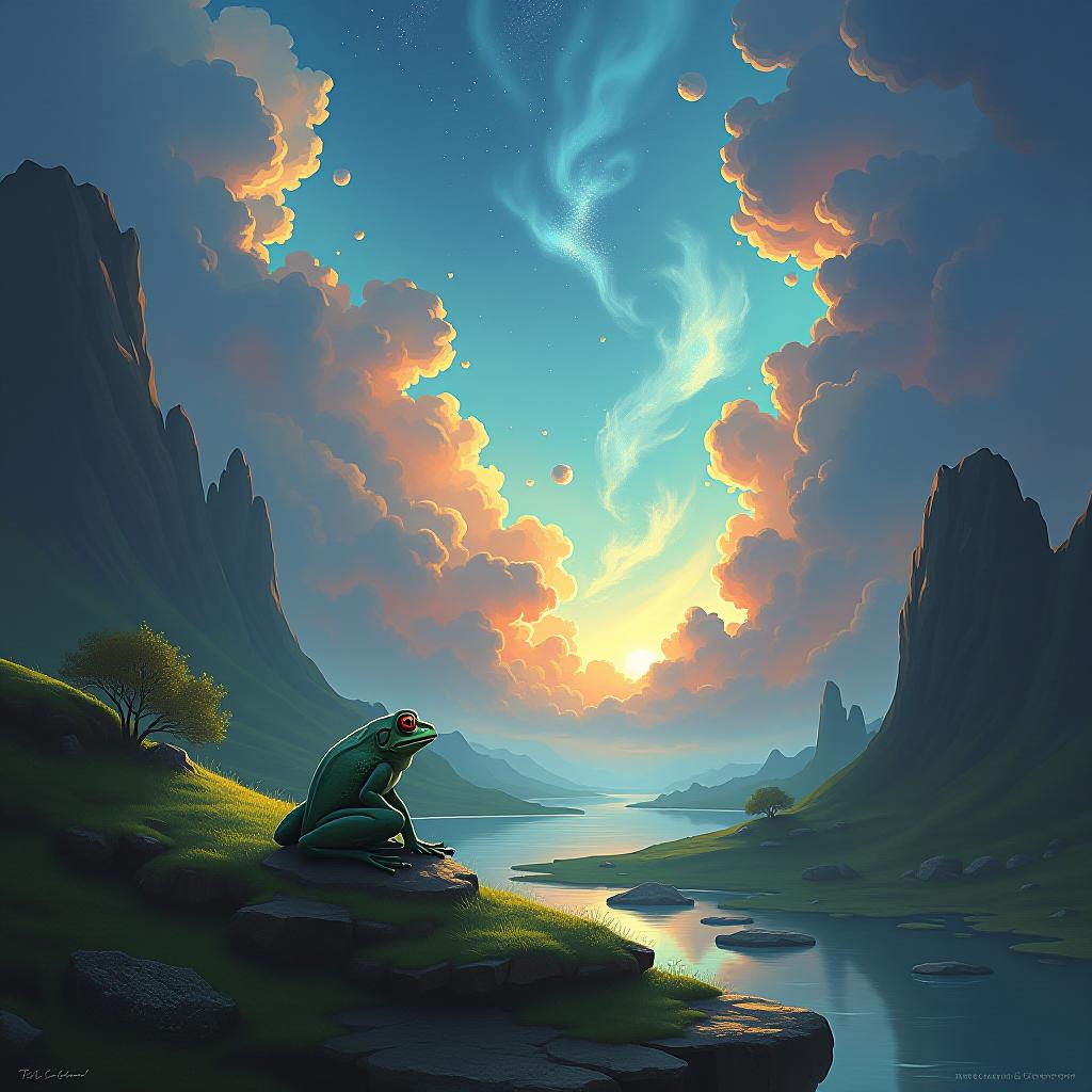  ethereal fantasy concept art of frog drawing a landscape. magnificent, celestial, ethereal, painterly, epic, majestic, magical, fantasy art, cover art, dreamy