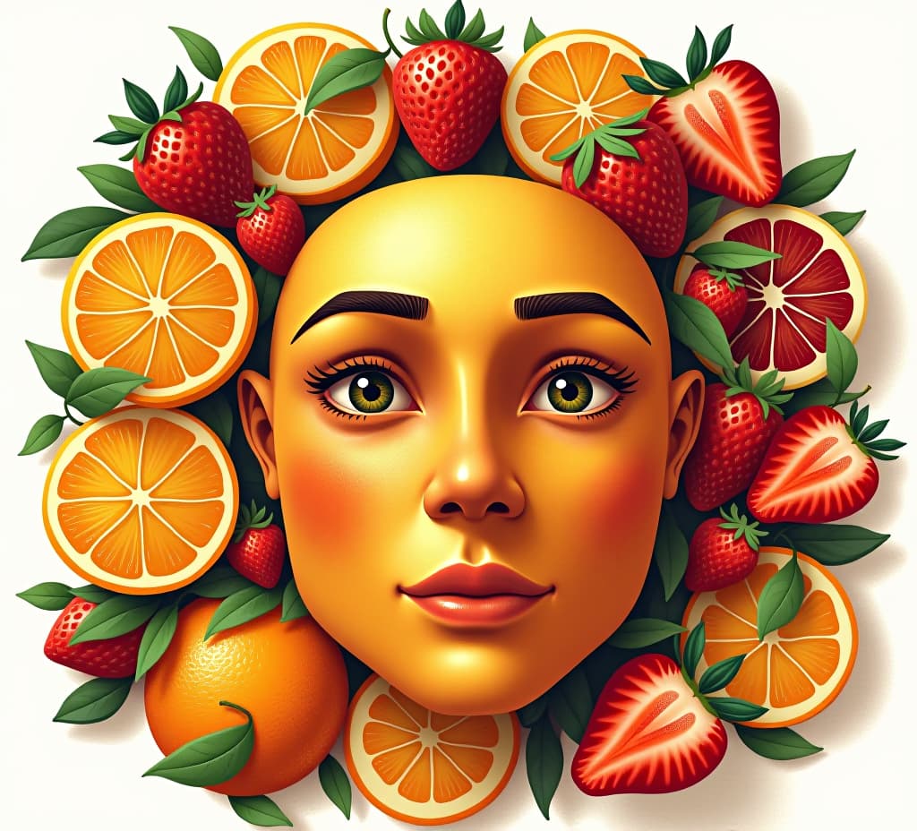  illustration of vitamin c deficiency with a face surrounded by citrus fruits and strawberries