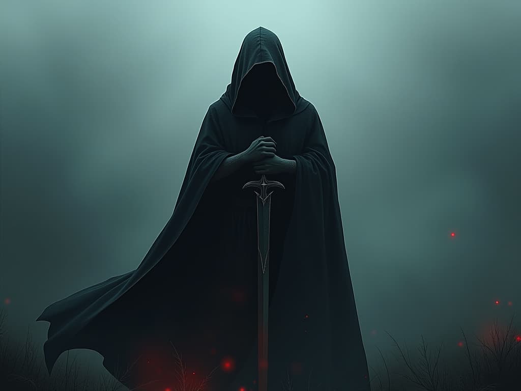  individual wrapped in a dark cloak, shielding themselves, standing in a foggy landscape, mist swirling around, mood of self protection and retreat. the style is dark fantasy and mysterious occult, symbolic, moody lighting, esoteric vibe,high detail on character design. for the color scheme emphasize blacks and reds.